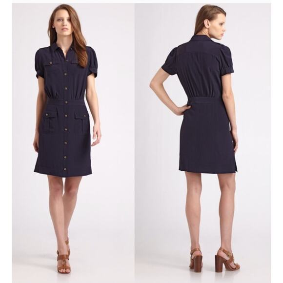 TORY BURCH Black Gennifer Military Utility 100% Silk Mini Dress Women's Size 14 - Picture 1 of 12